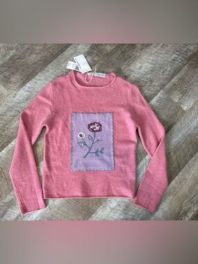 Women's Pink Cashmere Crewneck Floral Patch Sweater Stitched Detail